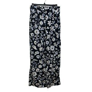 Zara Black & White Floral Print Wide Leg Pants With Pockets linen medium